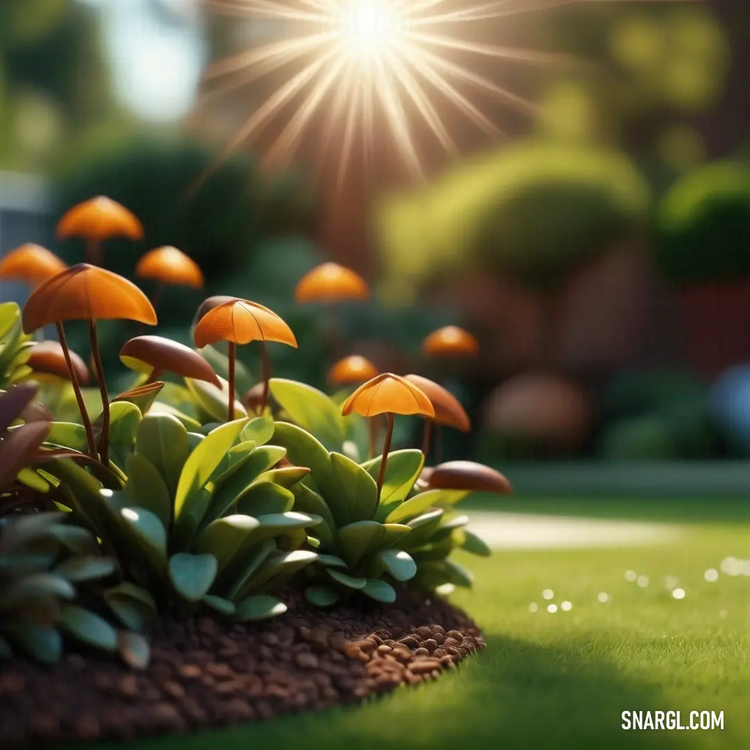 A cluster of small orange mushrooms growing in a lush garden of grass and dirt, with the sun shining brightly in the background. The warm tones of the mushrooms contrast beautifully with the natural greens.