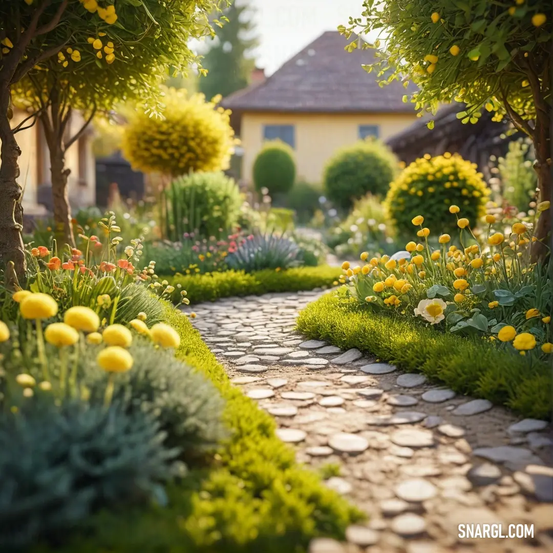 Garden with a stone path and lots of flowers and trees in the background. Color Old gold.
