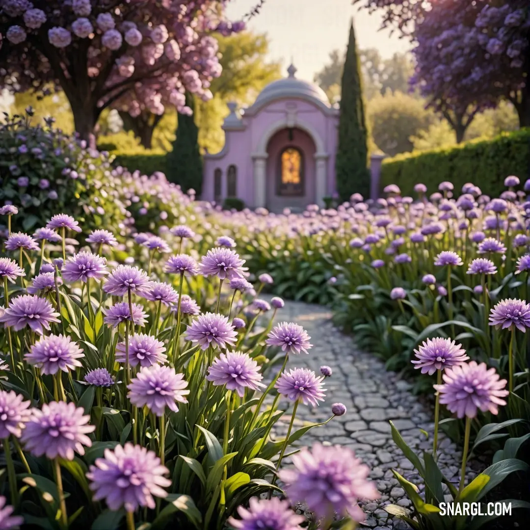 A tranquil garden with a winding walkway, abundant with vibrant flowers, and a charming gazebo in the background. The golden hue of the landscape adds warmth, creating a cozy and inviting atmosphere.