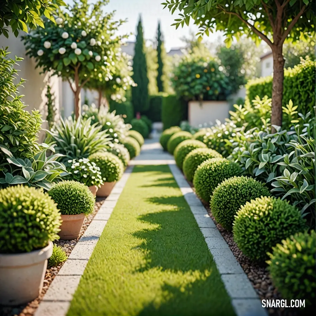 A peaceful garden with a charming walkway that stretches between two towering trees, inviting visitors to explore the lush greenery and enjoy the serene beauty of the space. The lush lawn and peaceful surroundings create a perfect retreat.