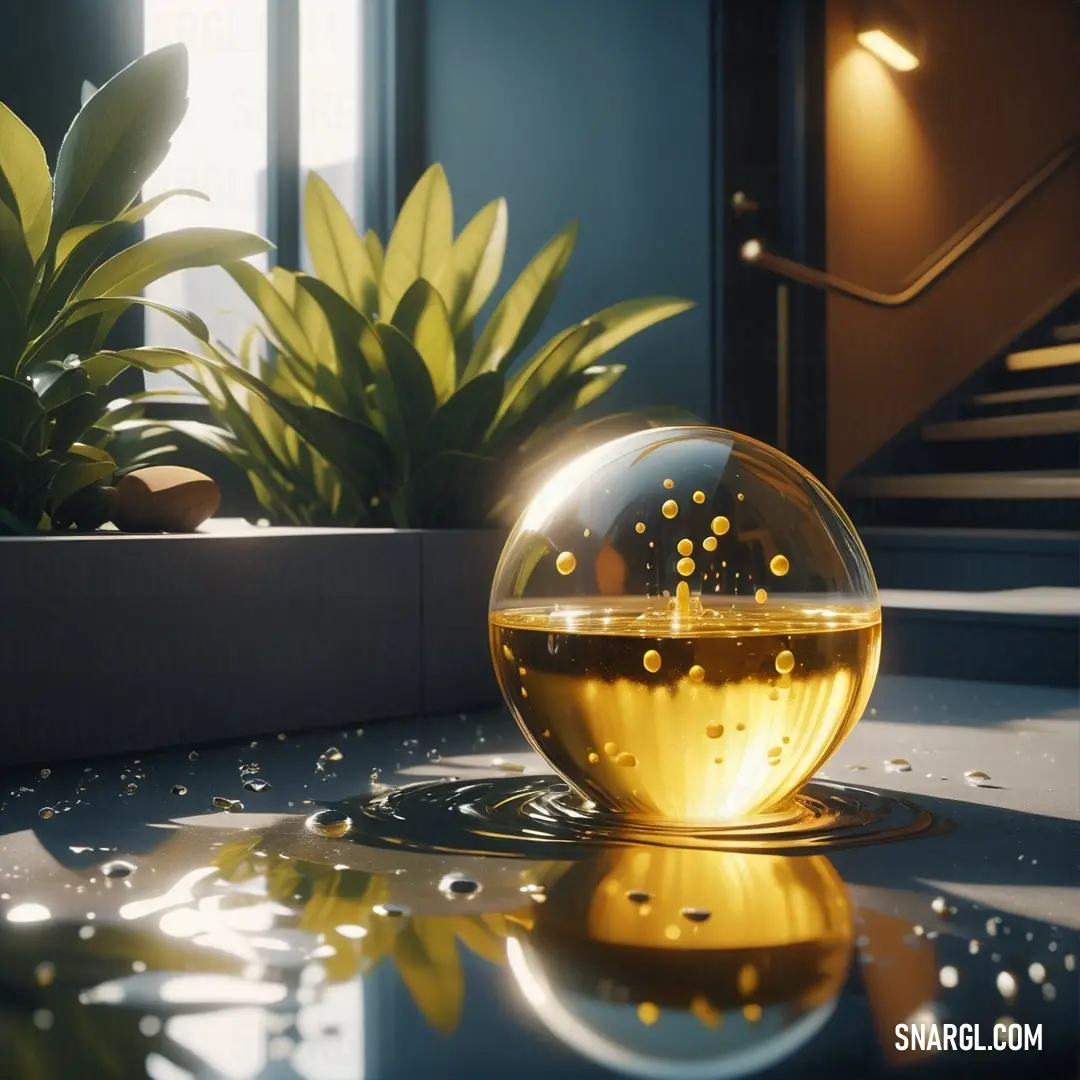 Glass ball with water inside on a table next to a plant and stairs in the background. Example of RGB 207,181,59 color.