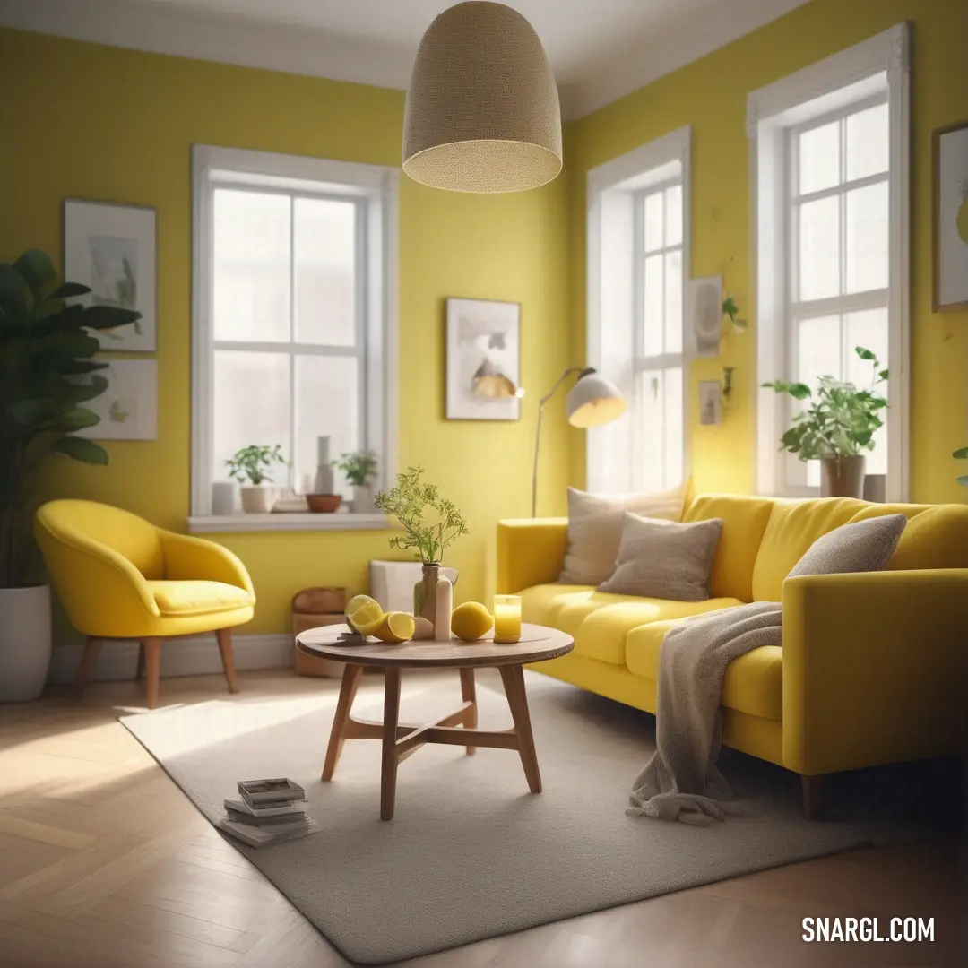 Living room with yellow furniture and a white rug on the floor and a table. Example of Old gold color.