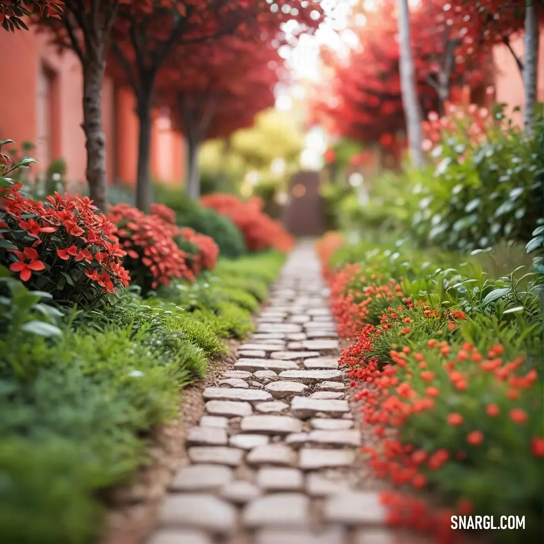 A stunning brick path lined with red flowers and trees, leading through a peaceful garden. The golden tones of the landscape create a warm and inviting atmosphere, guiding visitors through a serene and beautiful environment.