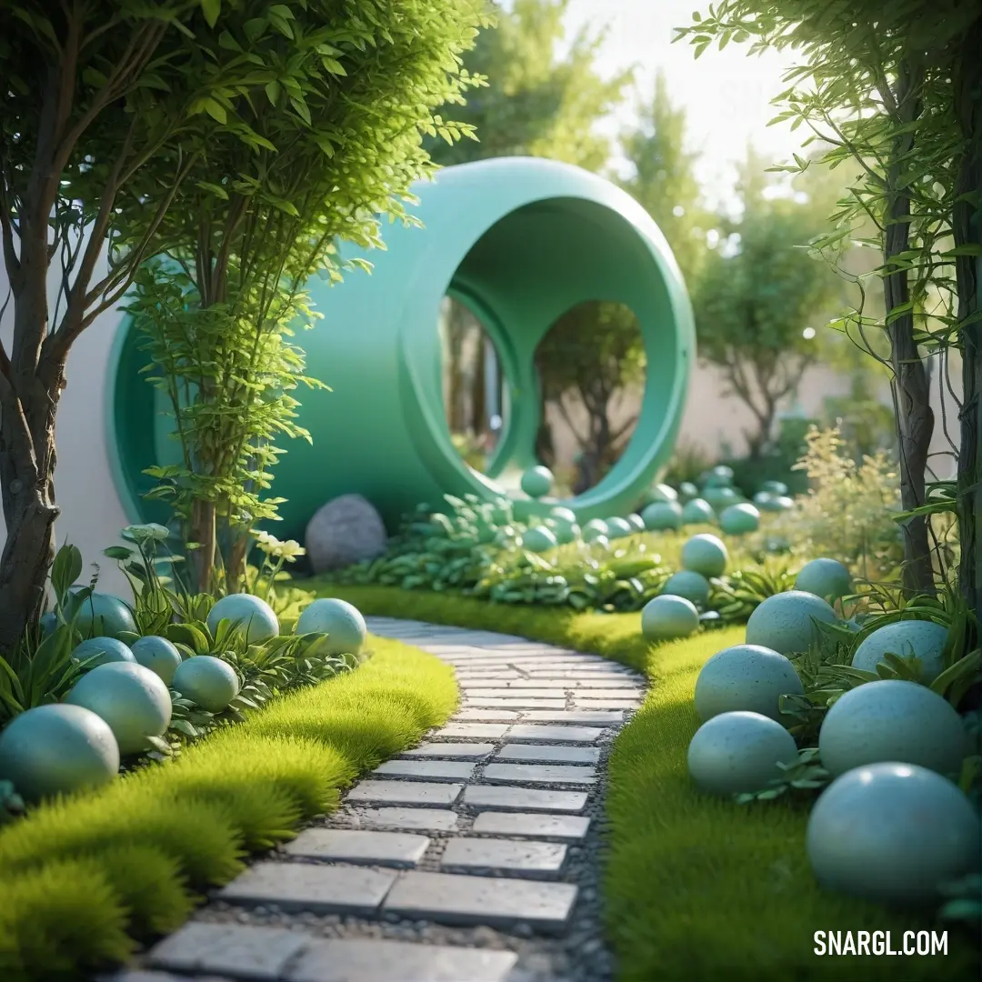 A tranquil garden with lush greenery and a unique circular green sculpture positioned at the center. The scene is bathed in natural light, creating a peaceful and harmonious atmosphere with an inviting vibe.