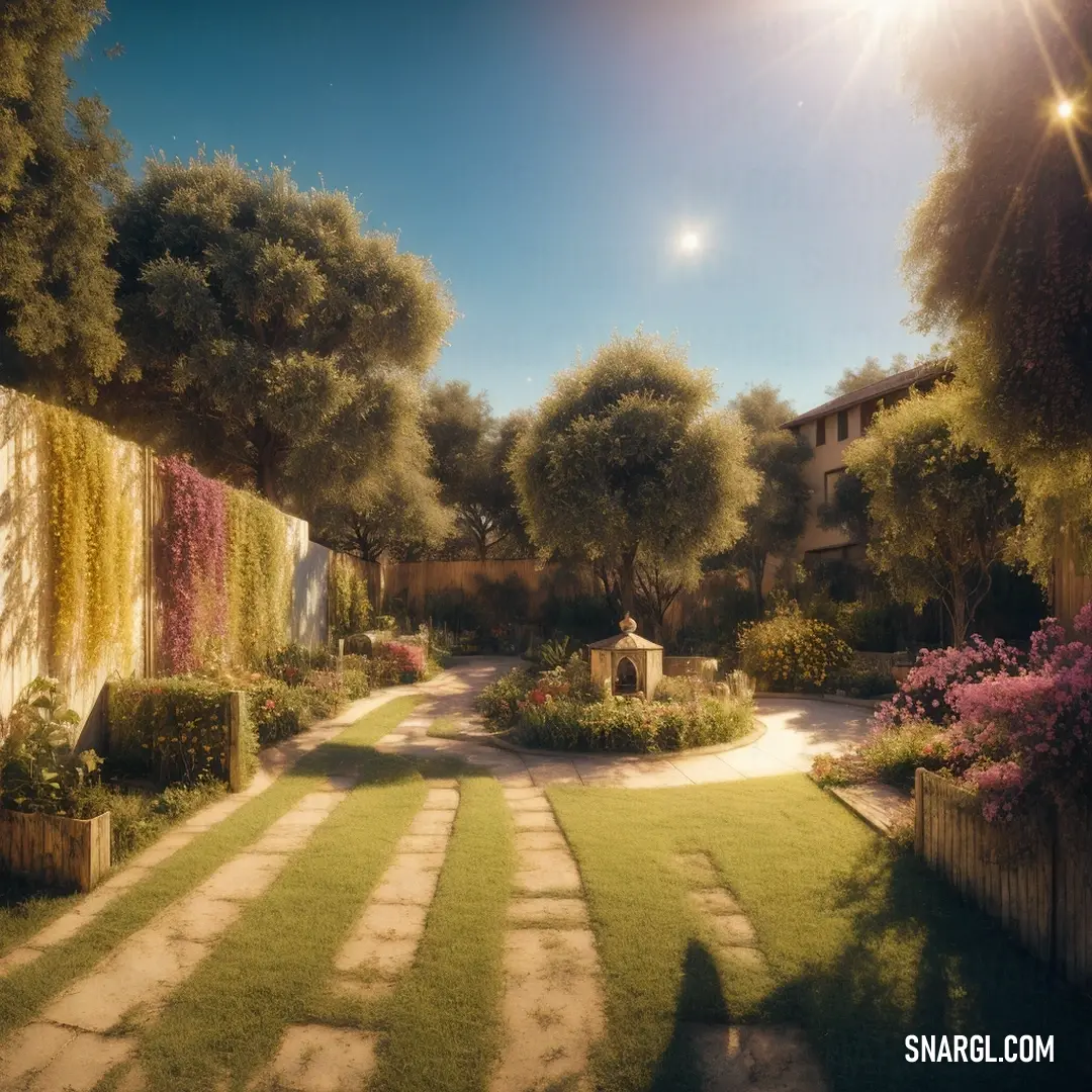 A serene garden with a winding path and a beautiful fountain in the center, creating a tranquil and peaceful ambiance. The path is framed by lush greenery, inviting visitors to explore the quiet, calming space.