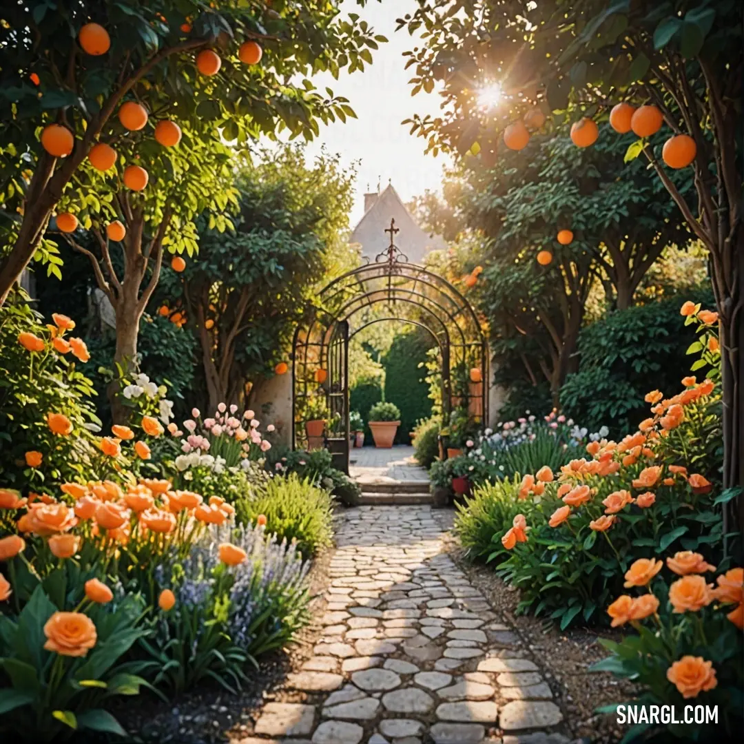 A vibrant garden filled with bright orange flowers and trees, leading to a grand building with a clock tower in the background. The stone path creates a welcoming atmosphere, inviting you to explore the beauty of this stunning landscape.