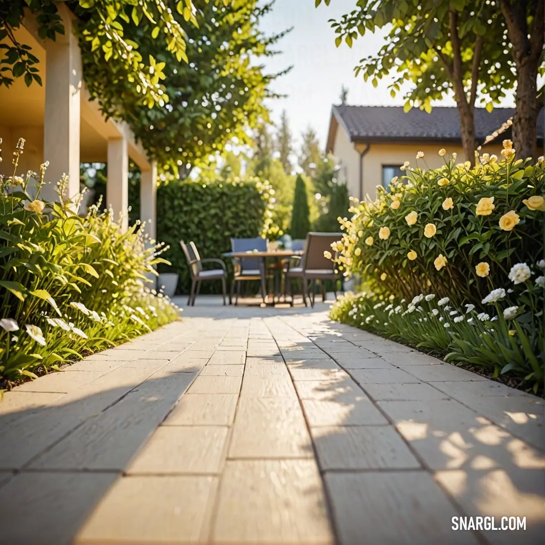 A cozy patio with a table and chairs, surrounded by lush flowers and greenery. The soft old gold tones create a warm and inviting atmosphere, perfect for enjoying a meal or relaxing with a view of nature.