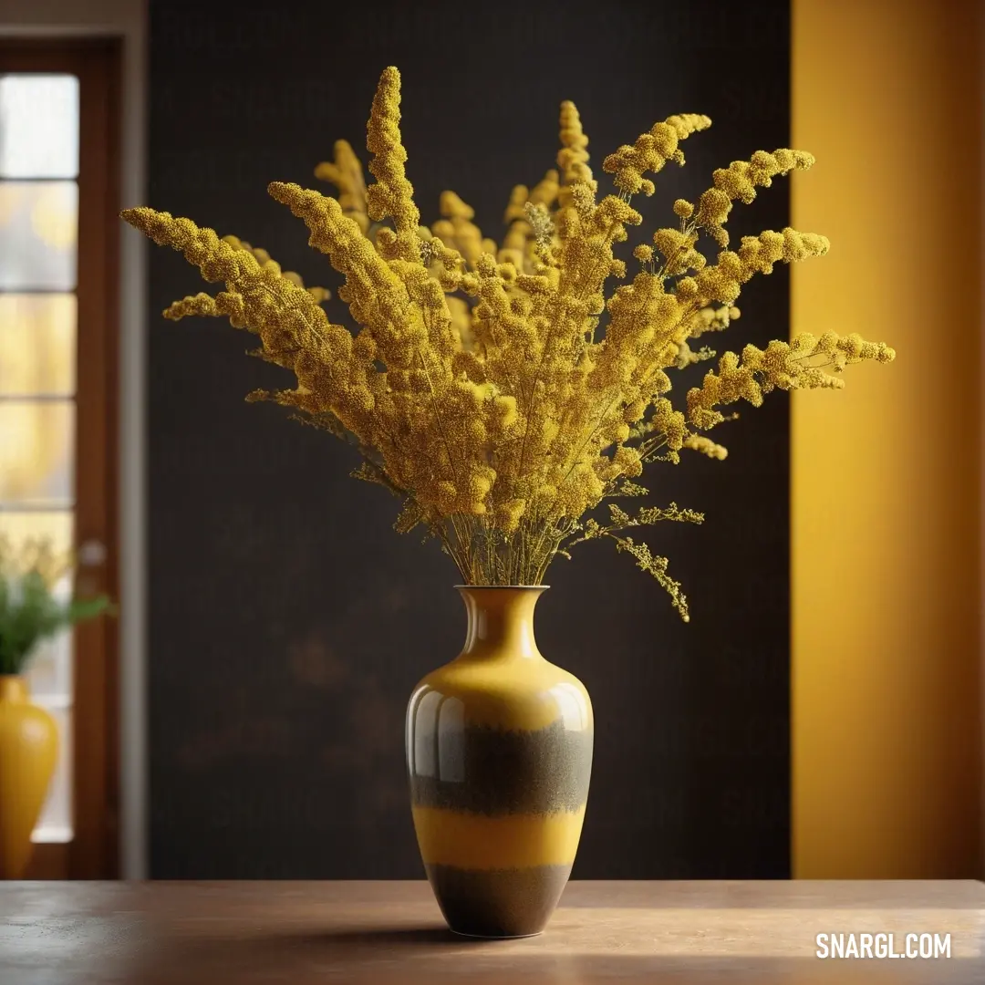 Vase with some yellow flowers in it on a table in a room with a window and a door. Color CMYK 0,13,71,19.