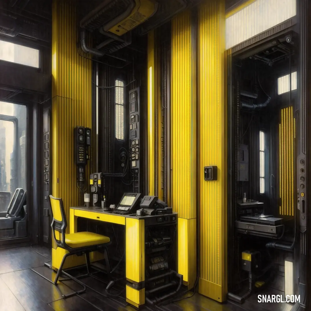 Room with a desk and chairs in it and a yellow wall behind it and a window with a view of a city. Example of Old gold color.