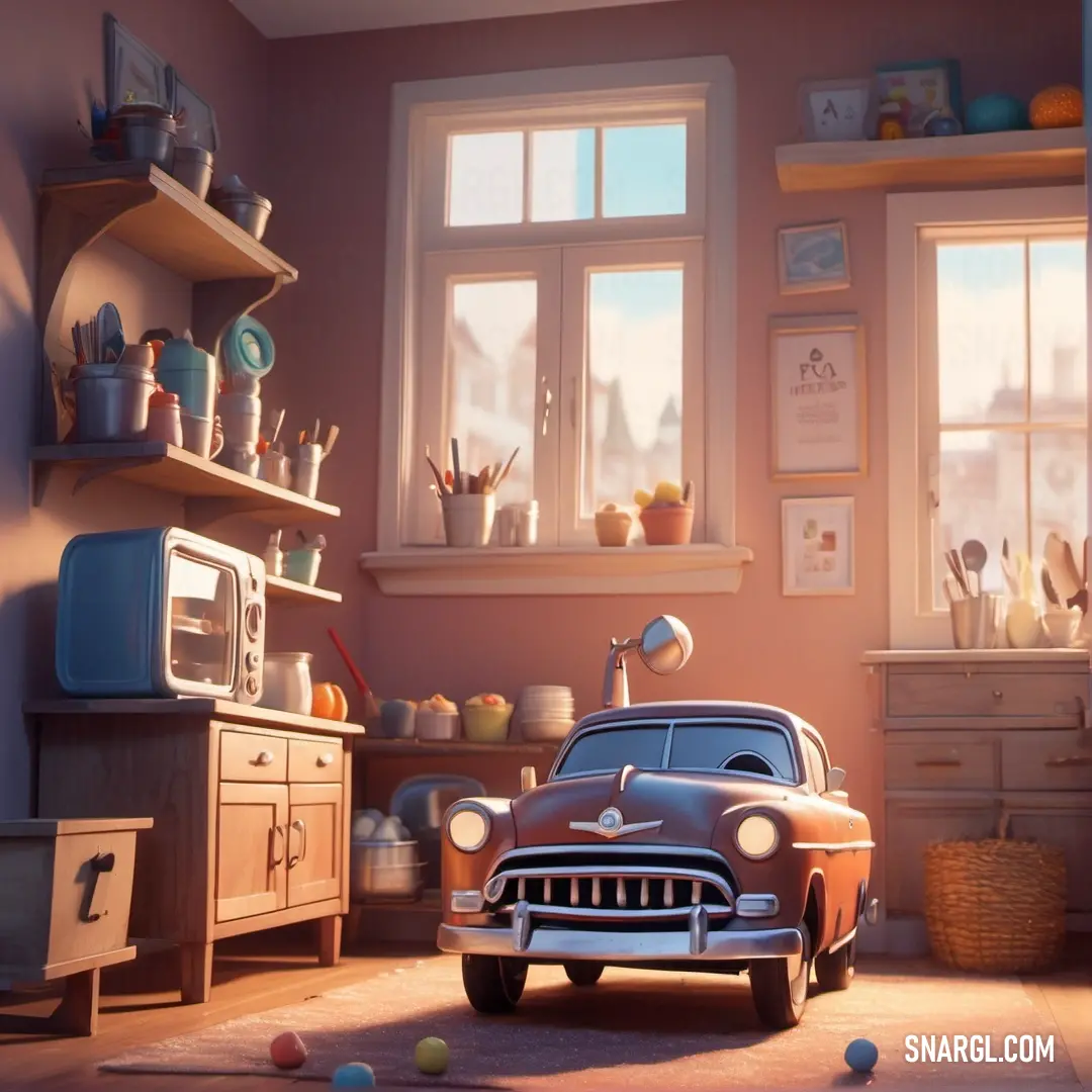 Car is parked in a kitchen with a microwave and a window in the background. Color #FDF5E6.