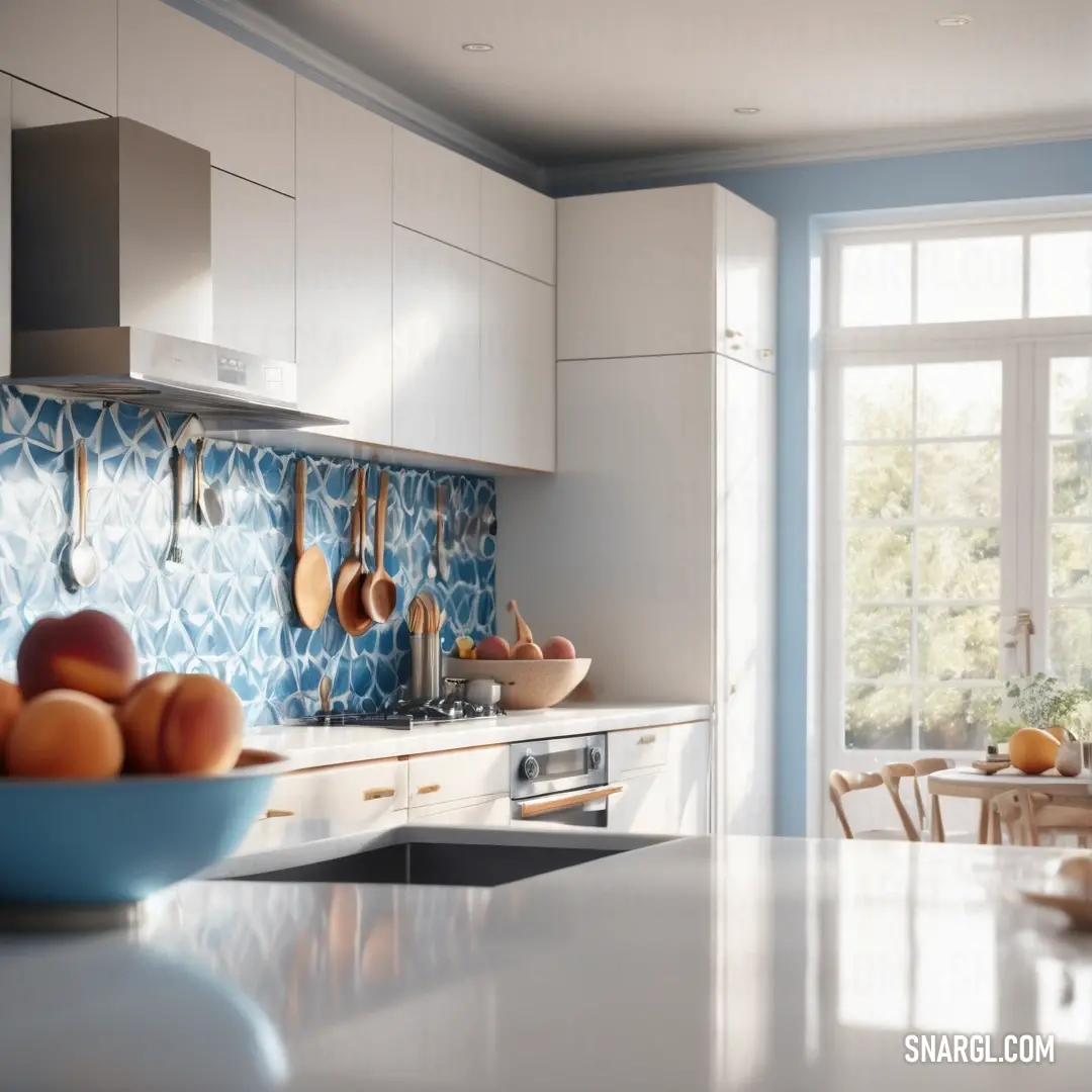 Kitchen with a bowl of fruit on the counter and a window in the background. Example of #FDF5E6 color.