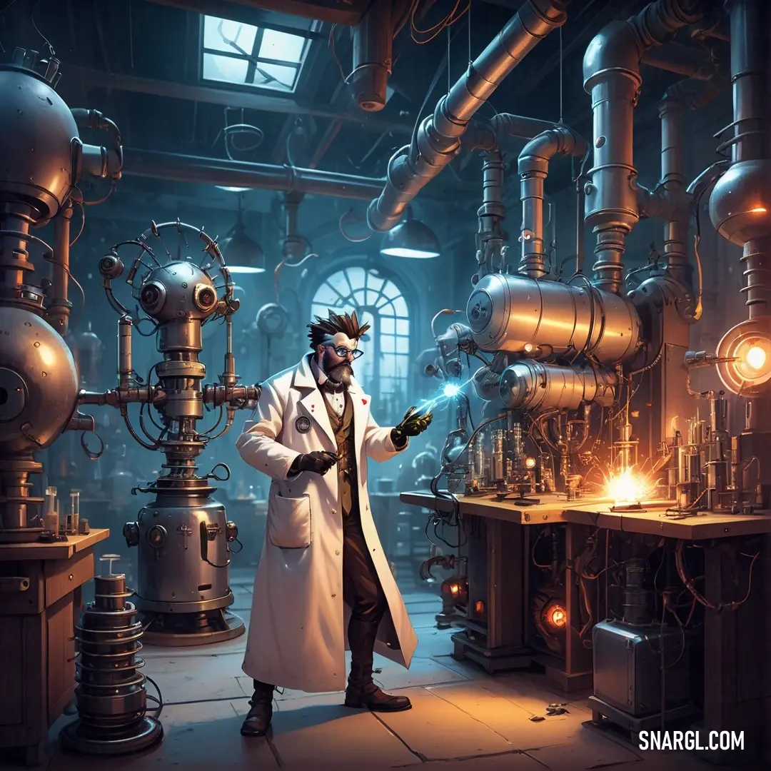 Old lace color example: Man in a lab coat is holding a pipe and a light bulb in his hand and a machine in the background