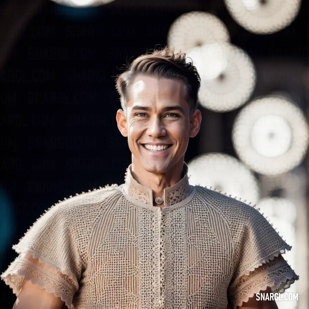 Man with a smile on his face and a short sleeved shirt on his shoulders and a clock in the background