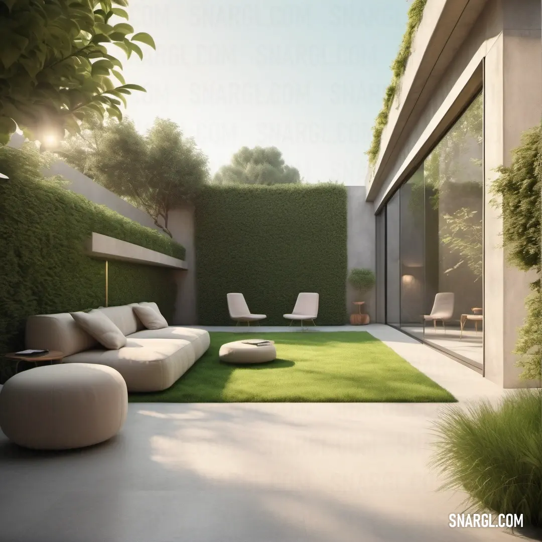 Modern outdoor living room with a green wall and grass area in the background. Color RGB 253,245,230.