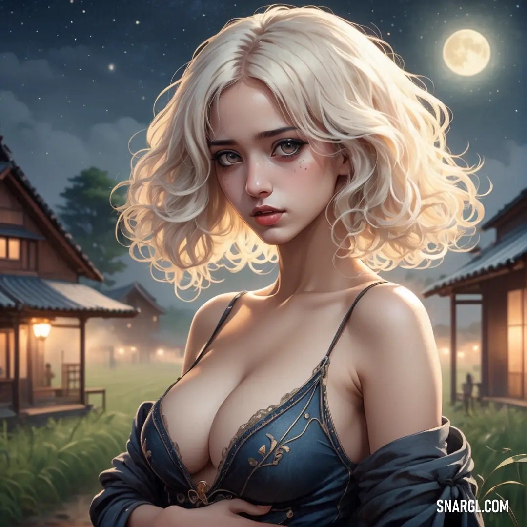 Painting of a woman in a bra top in front of a house at night with a full moon. Example of Old lace color.