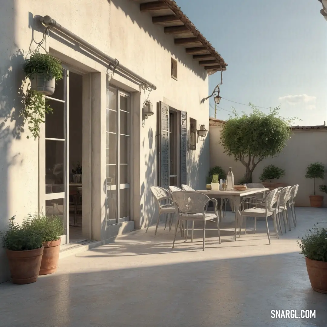 Old lace color. Patio with a table and chairs and potted plants on the side of the building