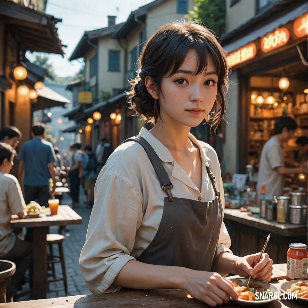 Woman in an apron is eating food at a restaurant table outside of a restaurant with people in the background. Color Old lace.