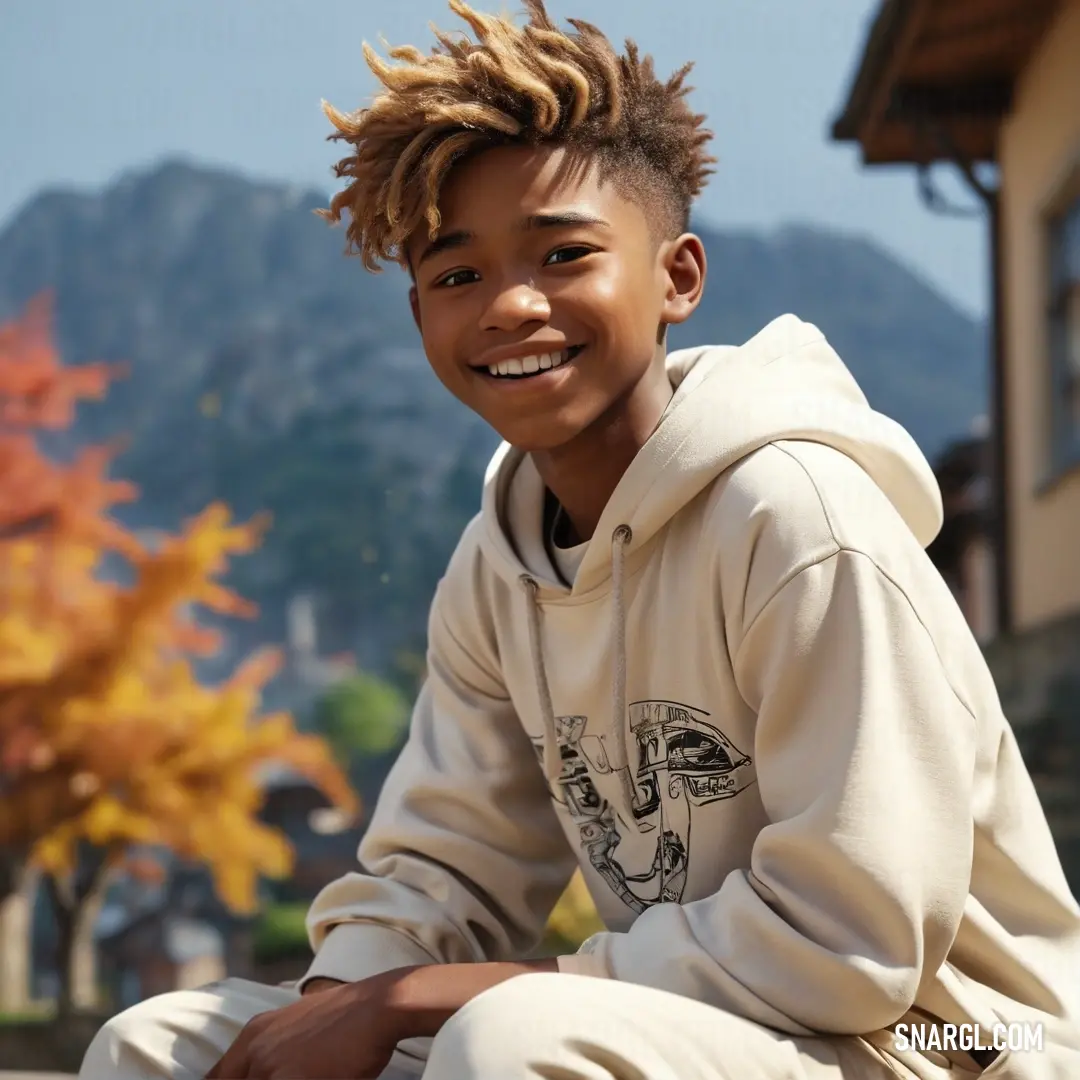 Young man with dreadlocks on a ledge smiling at the camera with a mountain in the background. Color CMYK 0,3,9,1.