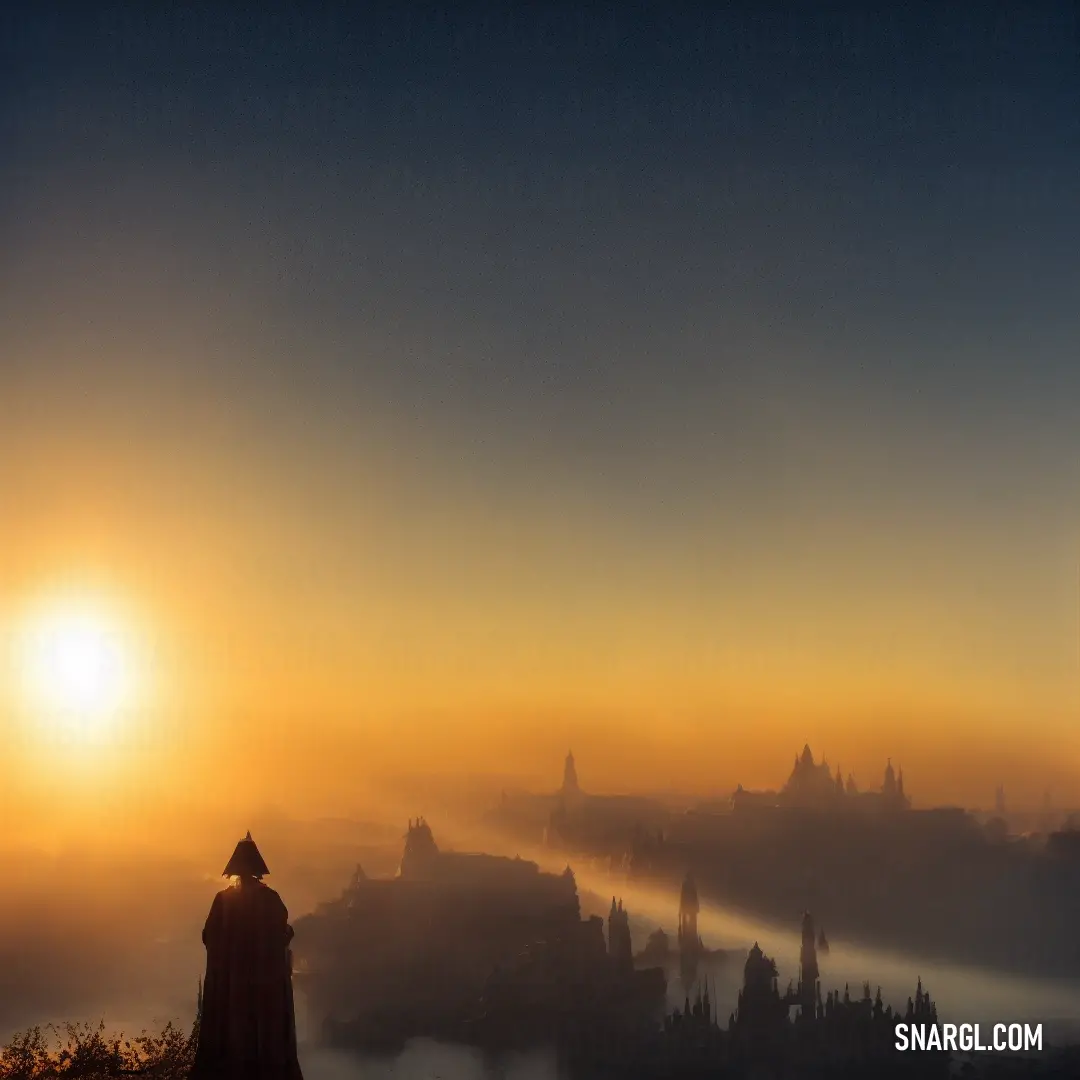Person standing on a hill overlooking a city at sunset with the sun in the distance and fog in the air