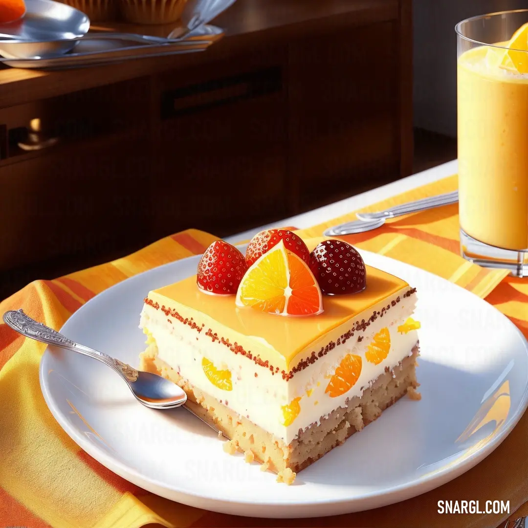 Old lace color. Piece of cake with oranges and strawberries on top of it on a plate with a fork