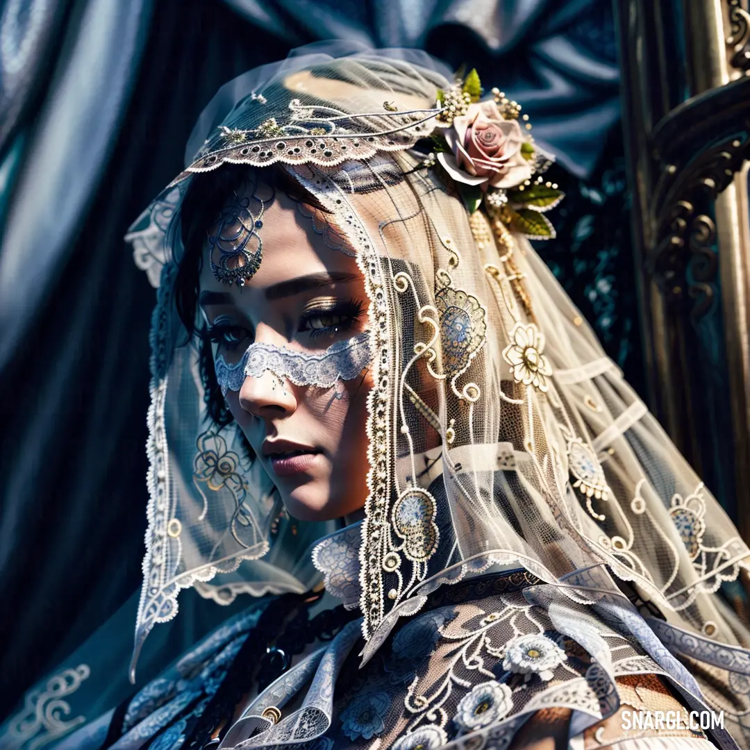 Woman wearing a veil and a veiled headpiece with a rose on it's forehead and a veil over her eyes