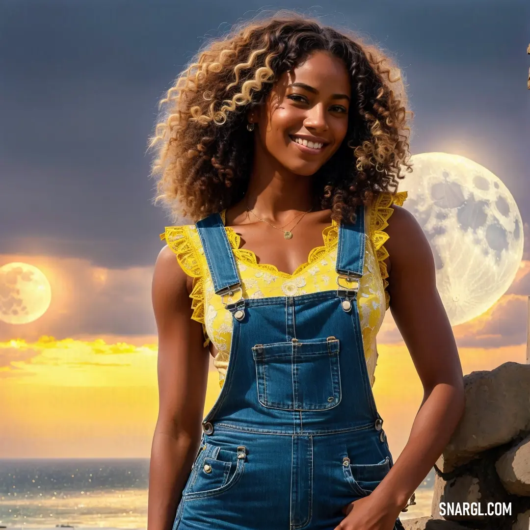 Woman with curly hair wearing overalls and a yellow top standing in front of the ocean with a full moon in the background