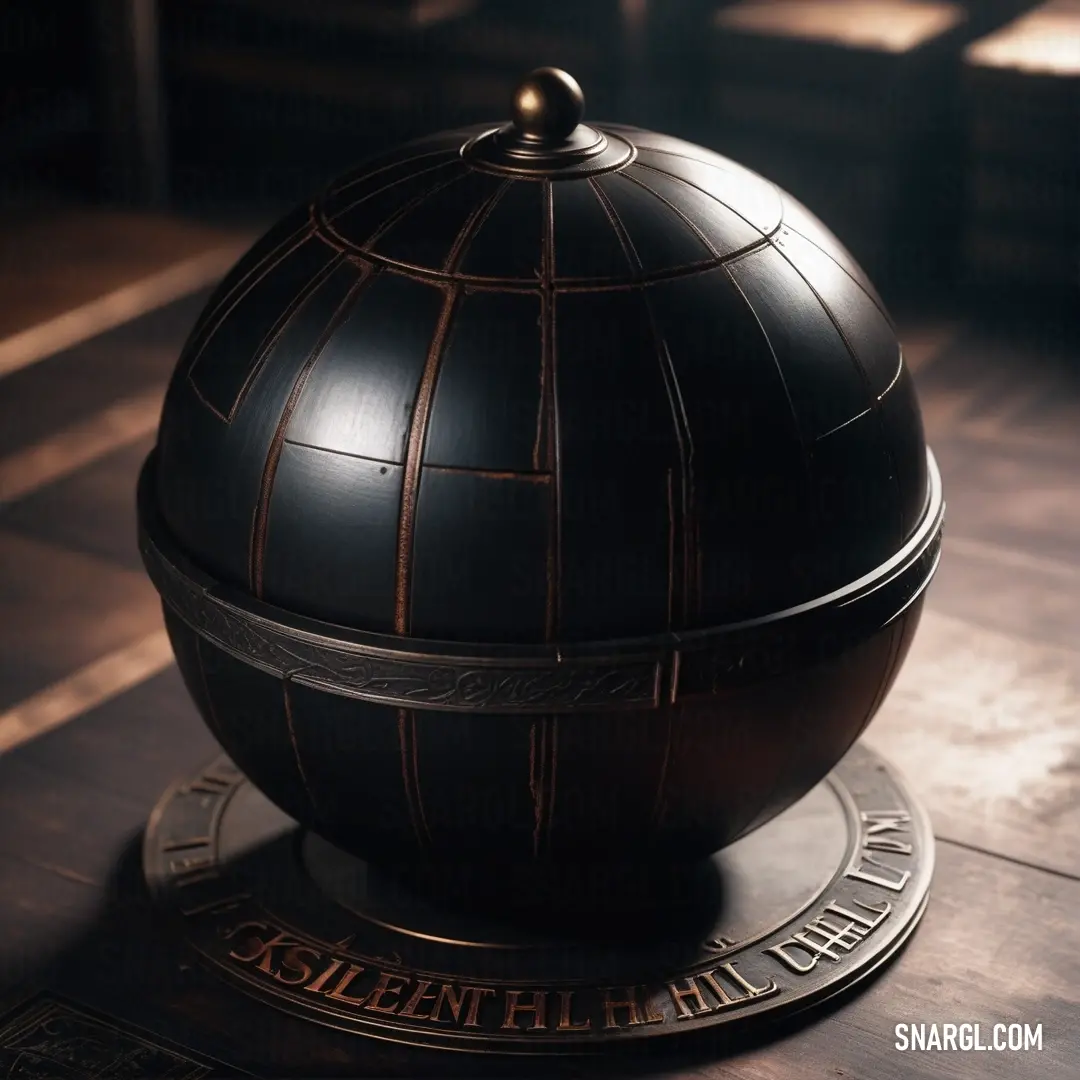 A sleek black globe sits atop a wooden table, bathed in soft light. The faint shadows of a chair and window add to the simplicity of the scene, where the dark color of the globe stands in sharp contrast to the warm tones of the wood.