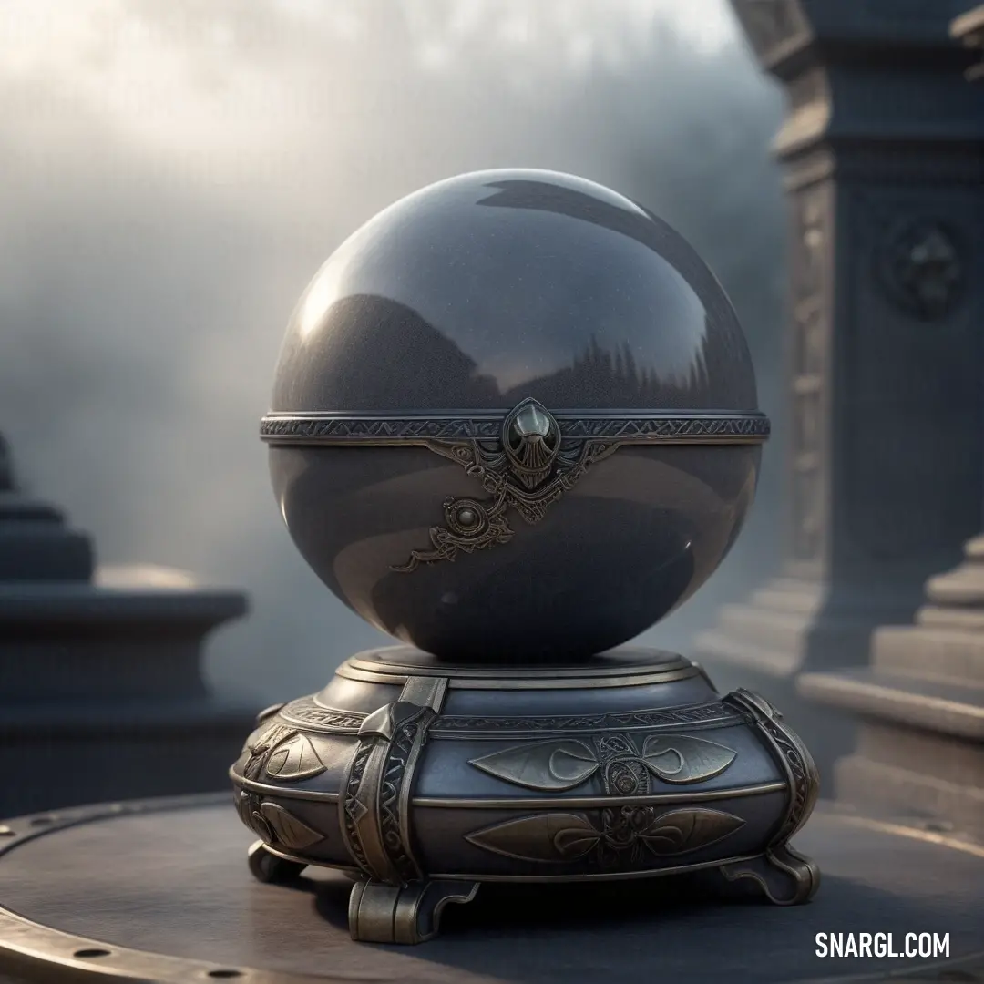 A black sphere perched on a stand, contrasting sharply against a muted lavender backdrop, with a delicate clock ticking in the distance. The deep color palette evokes a timeless, almost haunting ambiance.