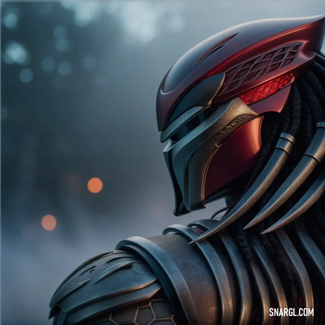 A close-up of a person in full armor, the gleam of the helmet matching the dark background. The subdued colors of the armor are complemented by the surrounding shadows, highlighting the figure’s poised readiness and the contrast between light and d