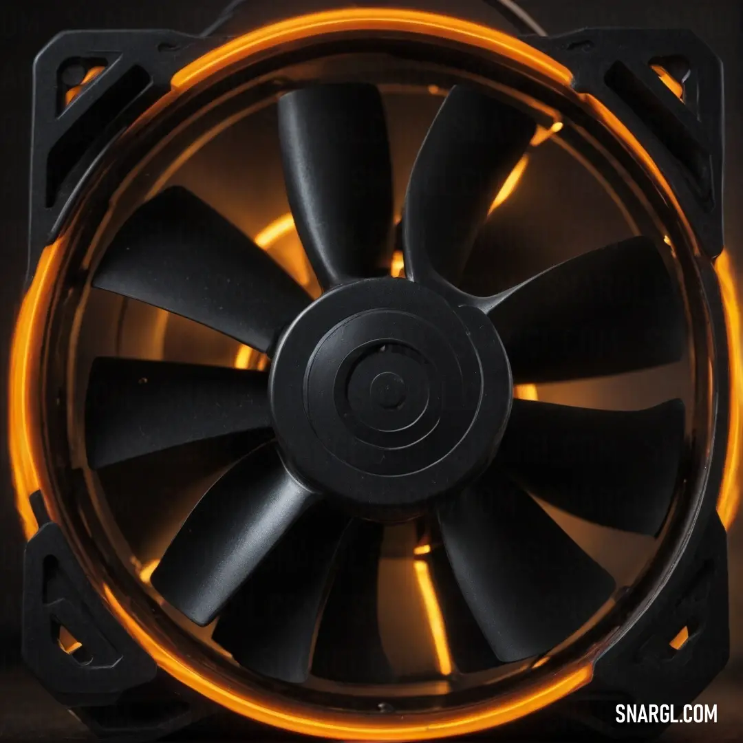 A sleek computer fan glimmers with a vibrant yellow light against a deep black background, showcasing its modern design. The interplay of light and shadow highlights the fan's innovative and functional elegance.