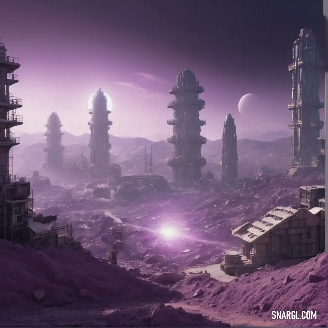 Futuristic city with a futuristic purple hued background and a distant planet in the distance with a bright light