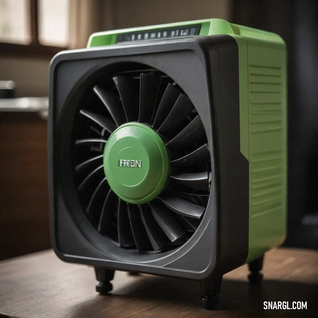 A vibrant green and black fan rests atop a rustic wooden table beside a sunlit window, capturing the essence of a serene and stylish living space, showcasing an expert blend of colors in a functional design.