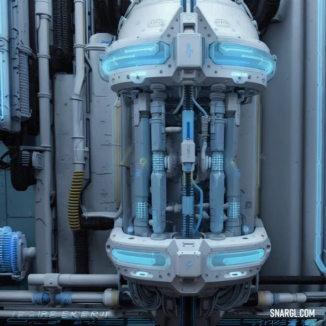 A massive, industrial machine with intricate pipes and wires snaking across its surface, its blue light glowing brightly at the front, emitting a futuristic, powerful vibe. The machine's dominant color is a muted, greyish tone (#796878) with a sleek, mech