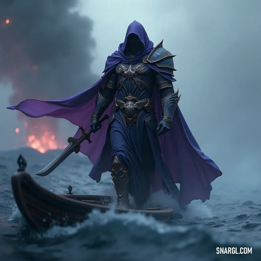 A noble figure draped in a flowing purple cloak stands steadfast in a small boat, sword in hand, amidst the calming waters. The colors of twilight brush the scene, creating a powerful image of resilience against nature's might.