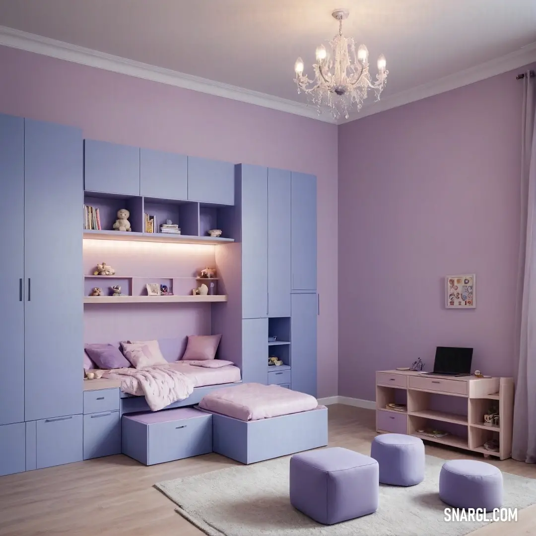 A cozy bedroom featuring a comfortable bed and a stylish desk, with soft old lavender tones creating a calm and inviting atmosphere. The room is simple yet elegant, perfect for relaxation.