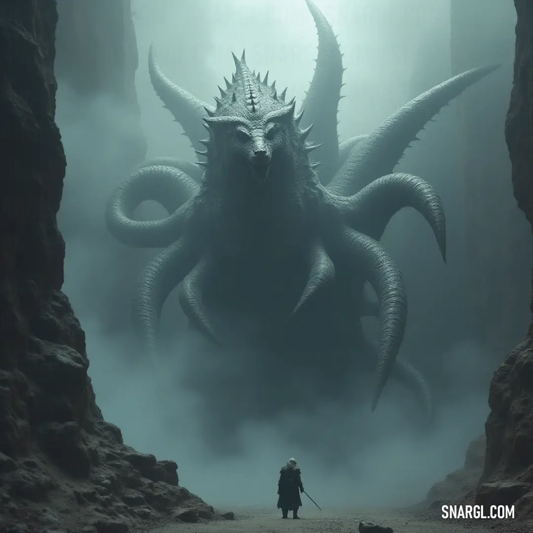 An enormous octopus stands defiantly in a cave, its tentacles spread wide as a man and a curious dog observe the creature in awe. The rocky ambience adds a sense of adventure and wonder to this unexpected meeting.