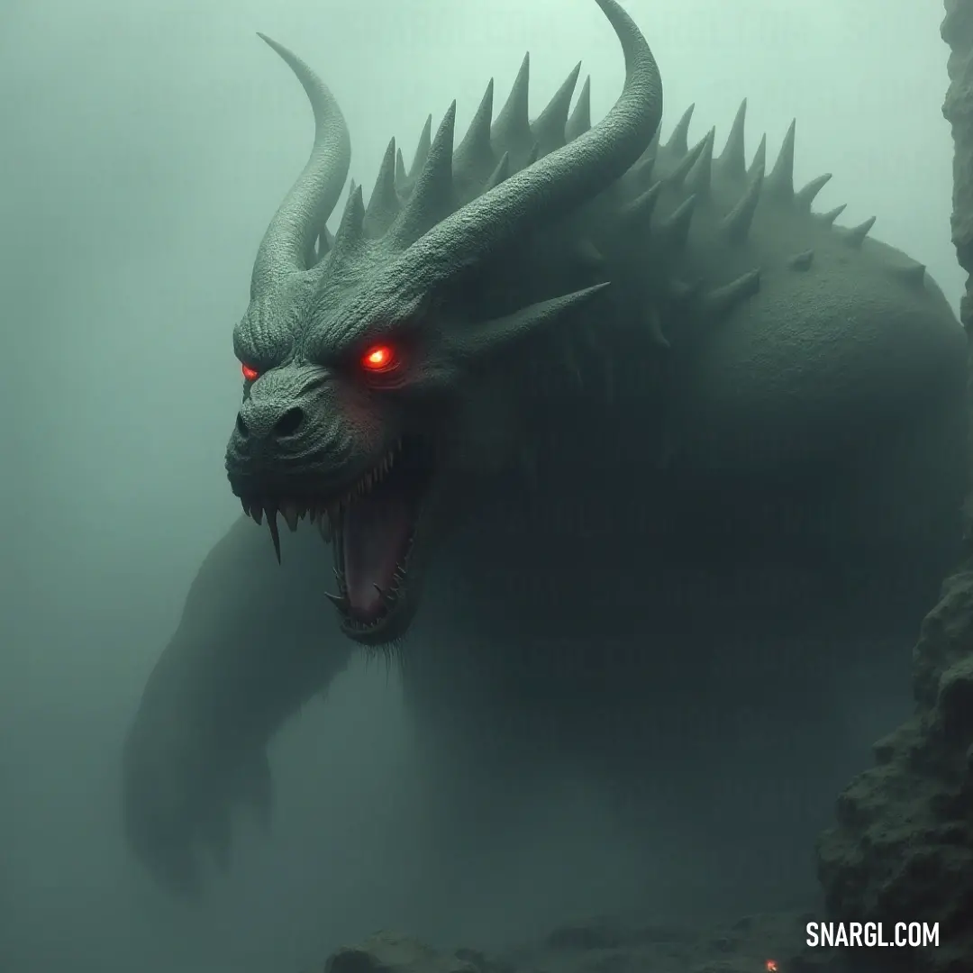 A mysterious creature with red eyes and sharp fangs emerges from foggy waters, set against a rugged rock wall. The image captivates, evoking intrigue and the thrill of the unknown in nature's depths.