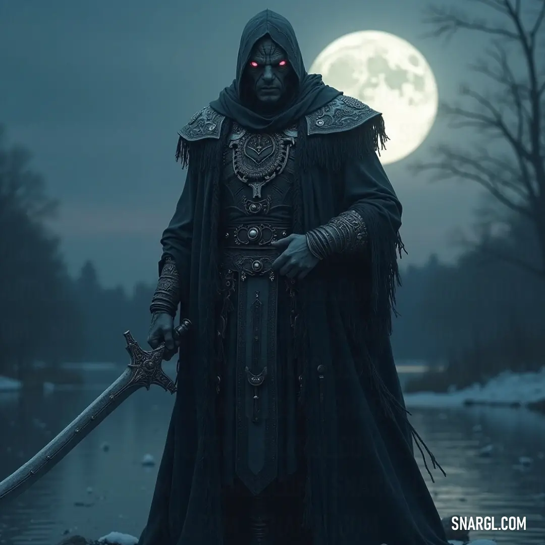 A mysterious figure clad in black raises his sword against the backdrop of a brilliant full moon, casting an ethereal glow over the icy lake below. The tranquil scene merges darkness and light, reflecting the duality of his purpose.