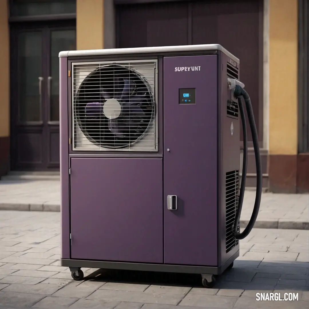 A purple air conditioner on a sidewalk, sitting next to a building with a sleek black fan attached. The muted color, a blend of RGB 121, 104, and 120, adds a unique urban touch to the scene.