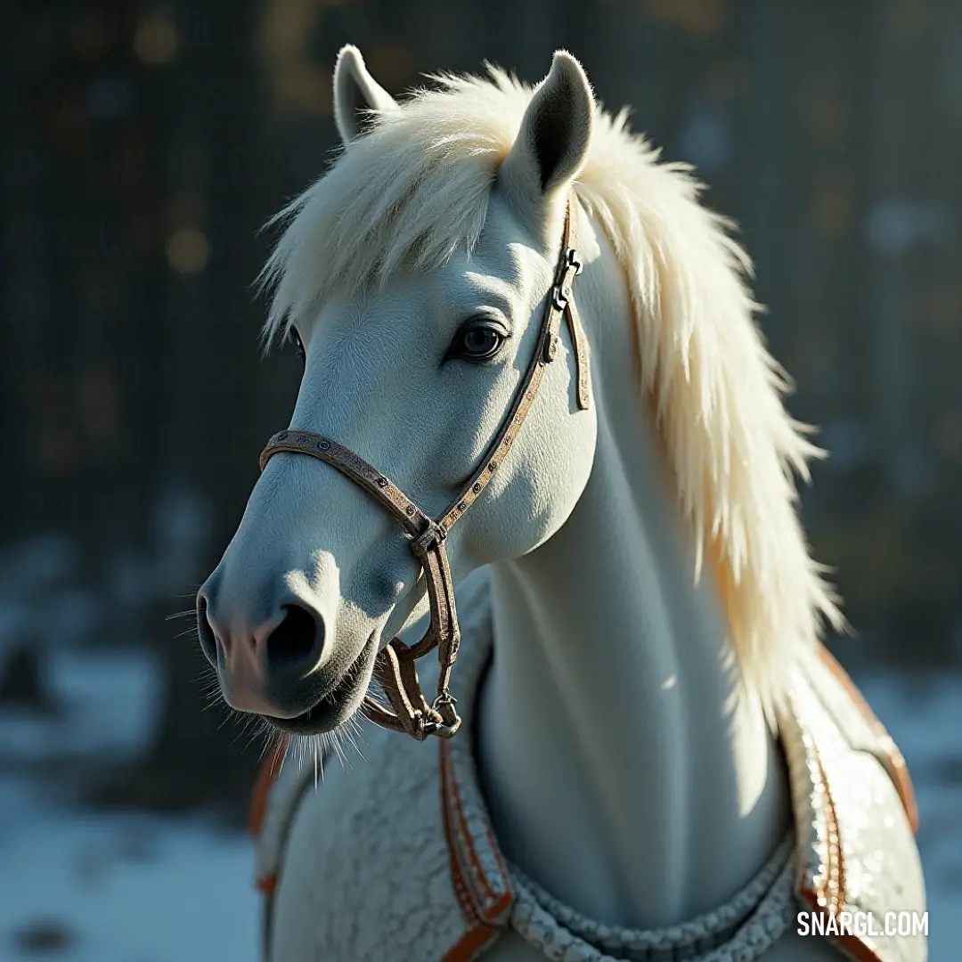 A beautiful white horse adorned with a rich saddled bridle steals the spotlight, showcasing its majestic blonde mane. The subtle old lavender tones accentuate the elegance of the scene against a natural backdrop.