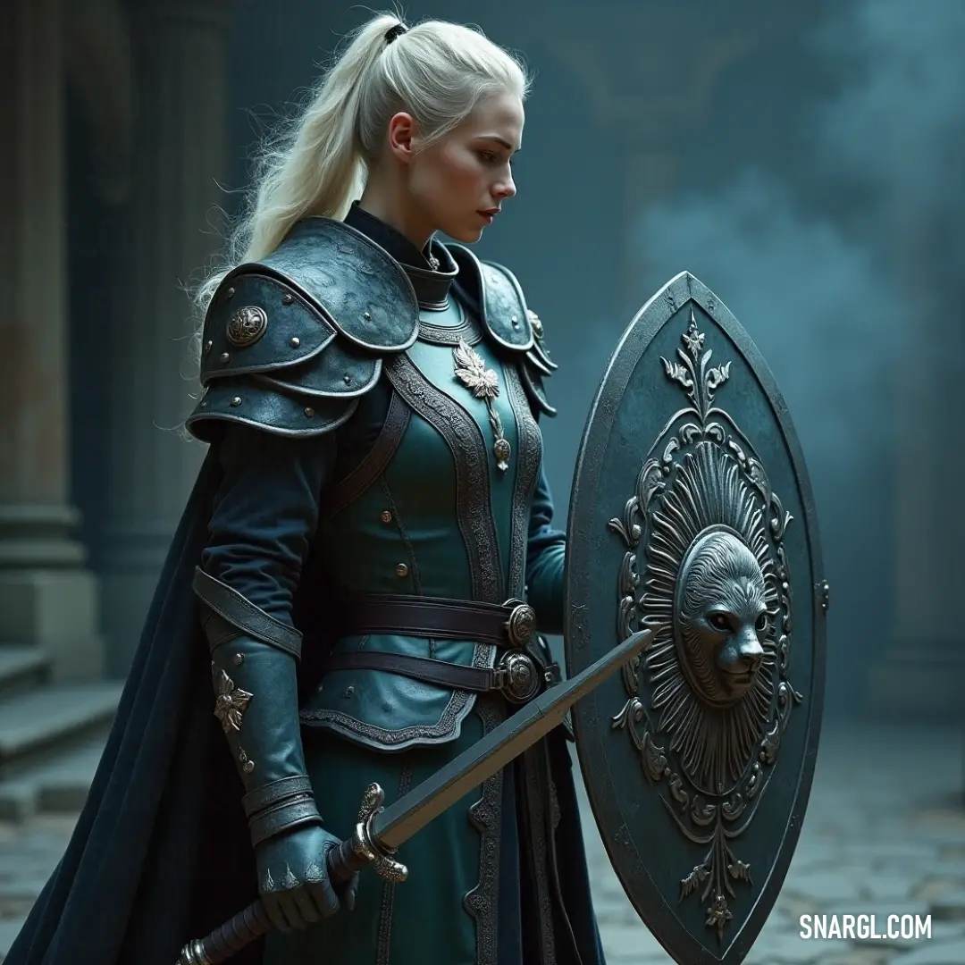 A fierce woman in polished armor stands boldly in a smoke-filled courtyard, sword and shield at the ready. The swirling haze envelops her, amplifying the dramatic atmosphere of a realm poised on the brink of battle, filled with valor and strength.