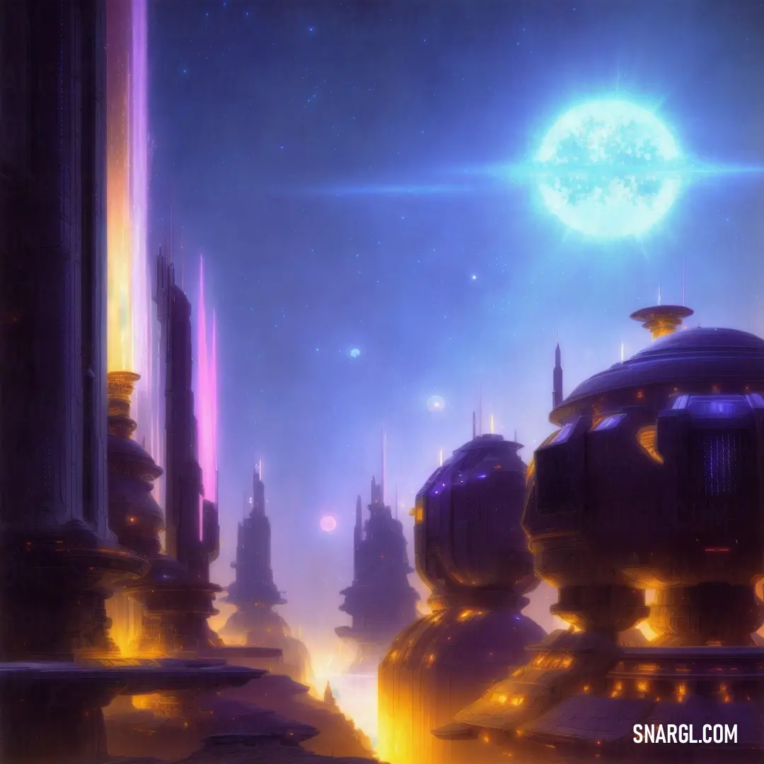 Futuristic city with a bright blue sky and a bright yellow sun in the background