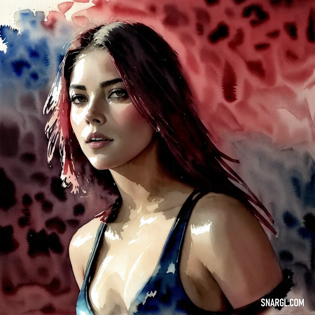 Painting of a woman in a blue bikini top with red and blue spots on her chest