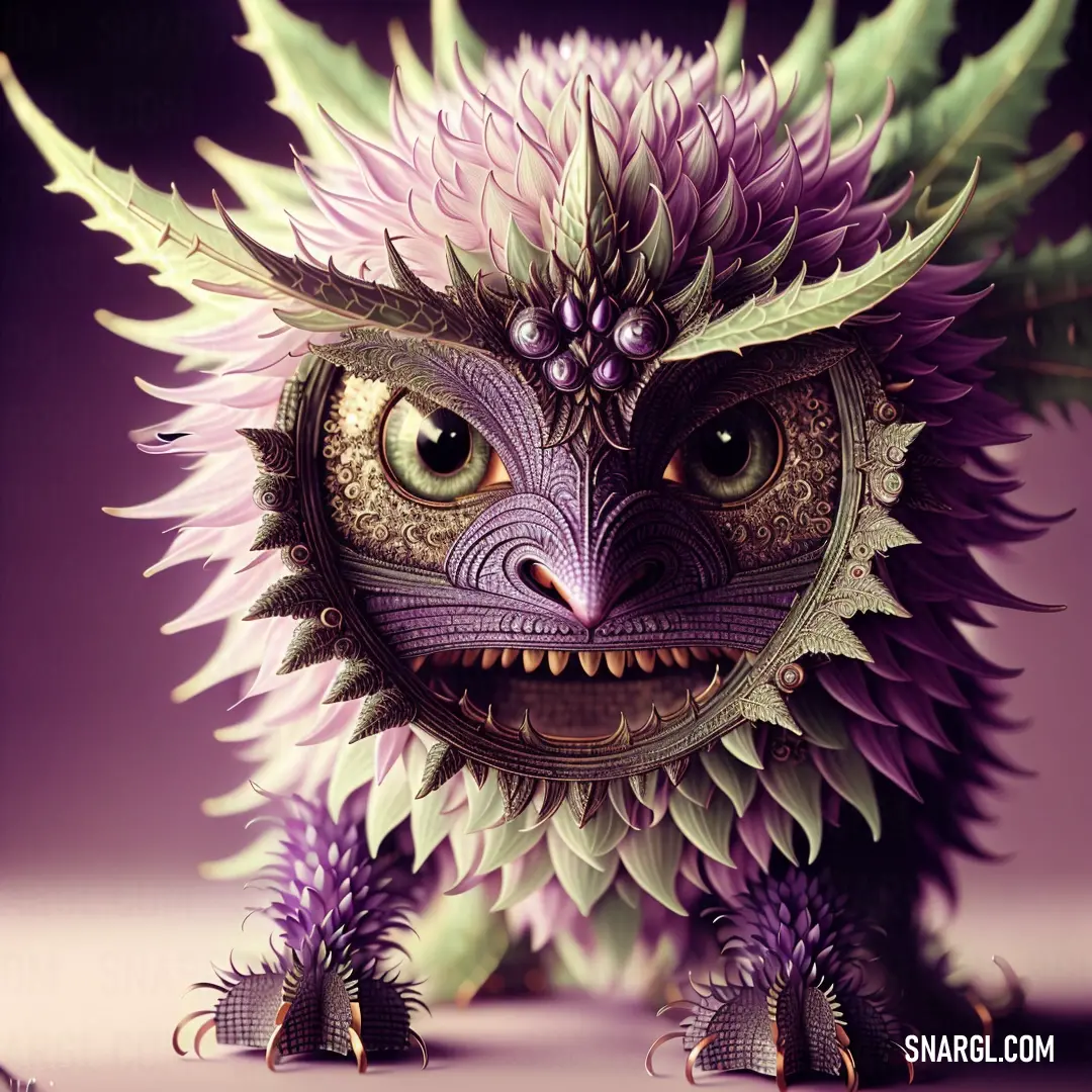 Purple creature with a green leafy head and eyes