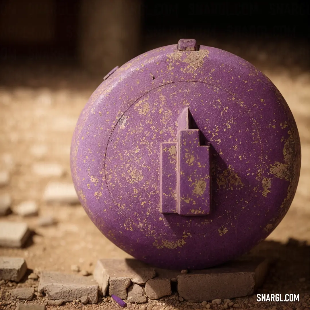 Purple object with a square shaped arrow on it's side on the ground with bricks around it. Color #673147.