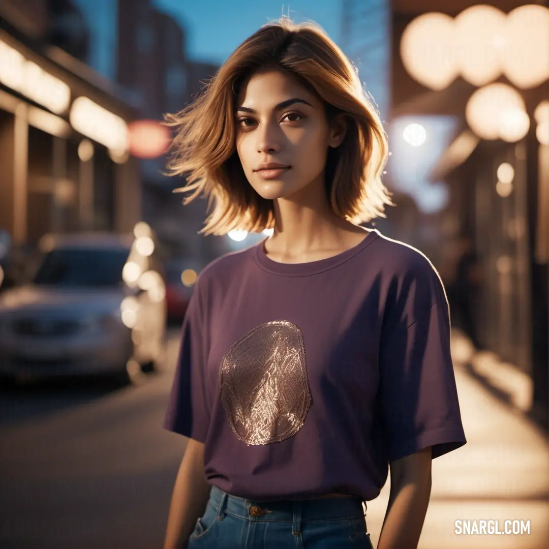 Woman standing on a street corner with a shirt on her shoulders and a car parked on the side of the street. Example of RGB 103,49,71 color.