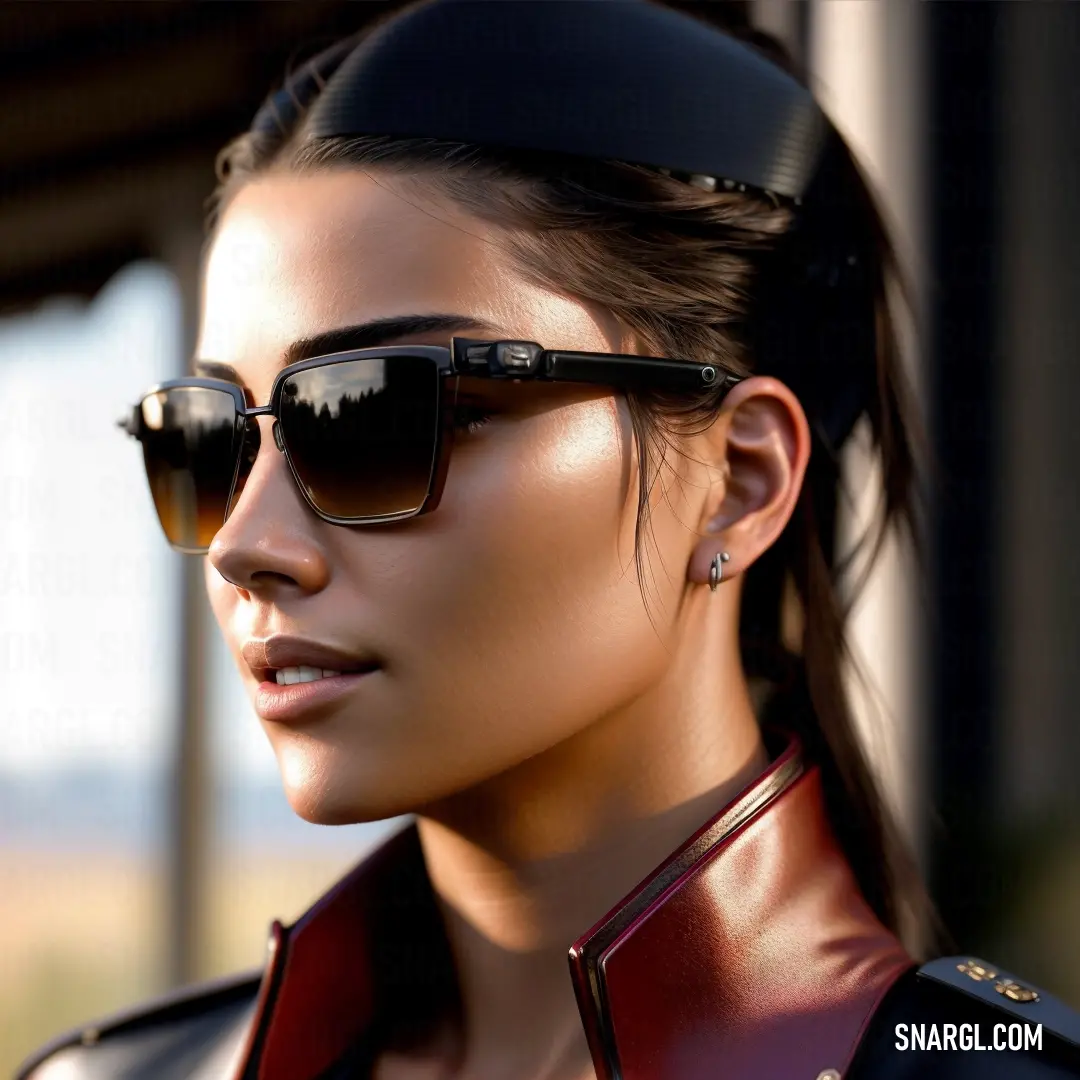 Woman wearing sunglasses and a leather jacket is looking off to the side