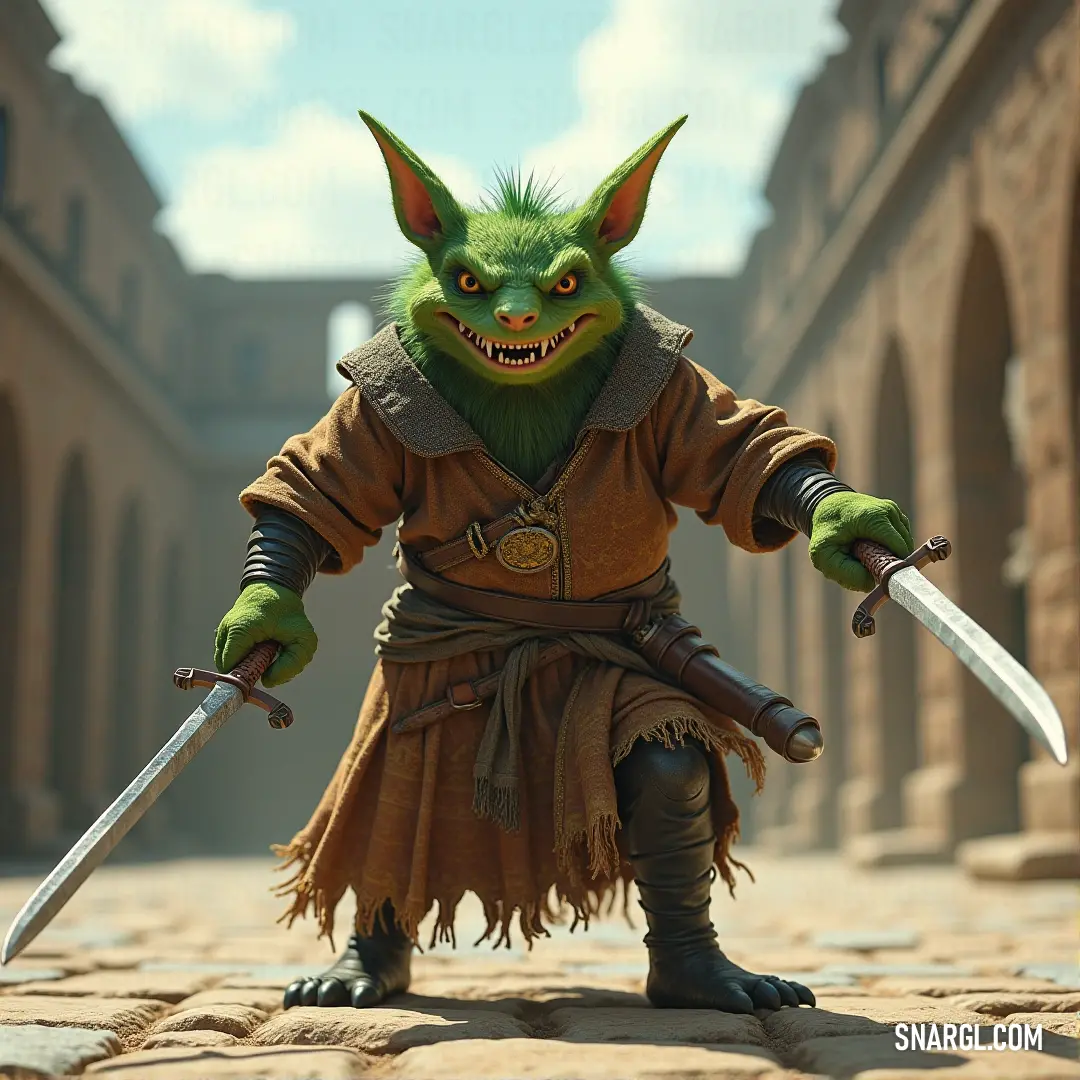 A masked warrior, sword in hand, stands alone on a desolate street, with a darkened building watching over from afar. An imposing figure in a green mask and armor holds a sword confidently in the middle of an empty street. The distant building looms in the background, giving off a sense of mystery and tension, as if this warrior is on a secret mission.