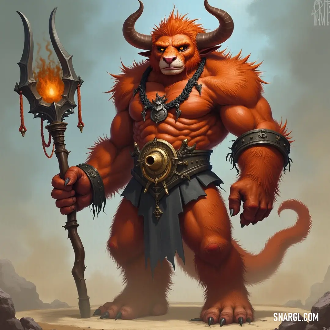 A vibrant cartoon-style depiction showcases a fierce demon wielding a sword, its unique head features and chains creating a striking presence. The rich old rose hues infuse the scene with vivid personality and allure.