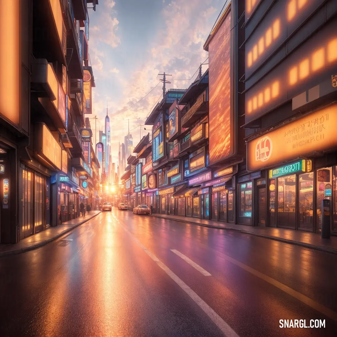 City street with buildings and a car on it at sunset or dawn with a bright light shining on the buildings